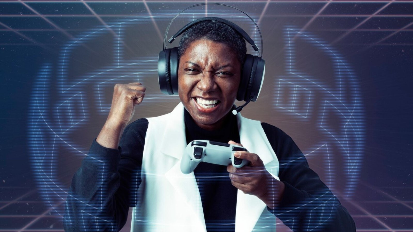 woman with headphones and gaming pads